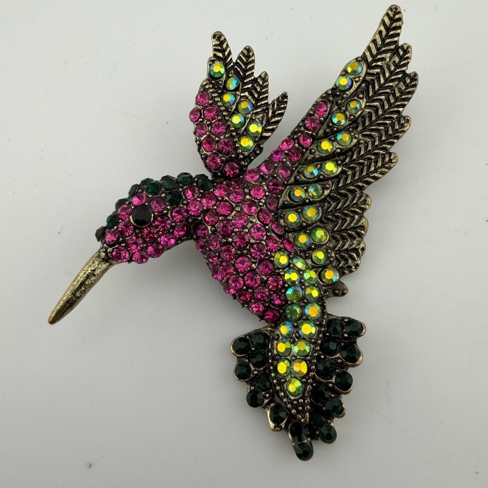 Hummingbird Brooch Pin Pink Green Rhinestone Aurora Borealis Gold Tone Nature